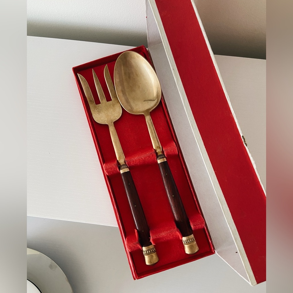 Vintage brass and cherry wood serving utensil set